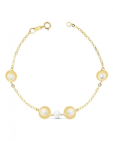Pulsera oro 18k amarillo perlas motivos circulares 18cm
