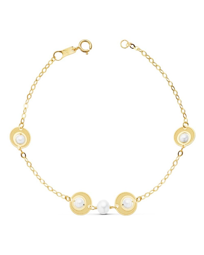 Pulsera oro 18k amarillo perlas motivos circulares 18cm