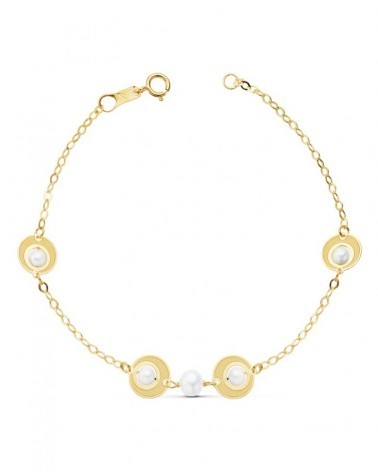Pulsera oro 18k amarillo perlas motivos circulares 18cm