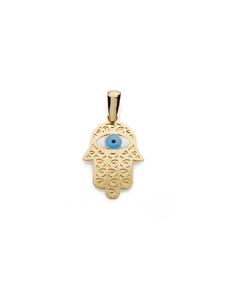 Colgante oro 18k Mano de Fátima ojo turco 19x13 mm