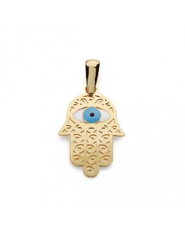 Colgante oro 18k Mano de Fátima ojo turco 19x13 mm