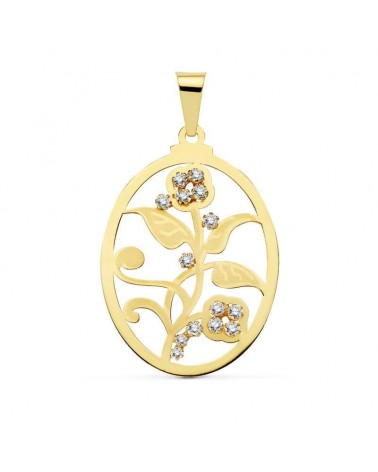 Colgante oro 18k oval flor circonitas 37x29 mm
