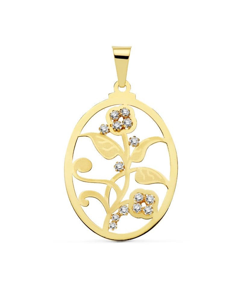 Colgante oro 18k oval flor circonitas 37x29 mm