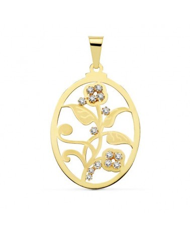 Colgante oro 18k oval flor circonitas 37x29 mm