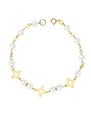 Pulsera oro 18k amarillo perlas estrellas comunión 18cm