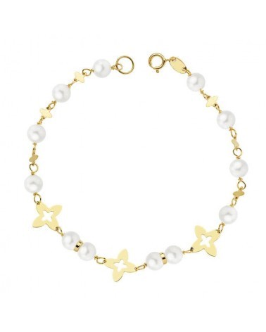 Pulsera oro 18k amarillo perlas estrellas comunión 18cm