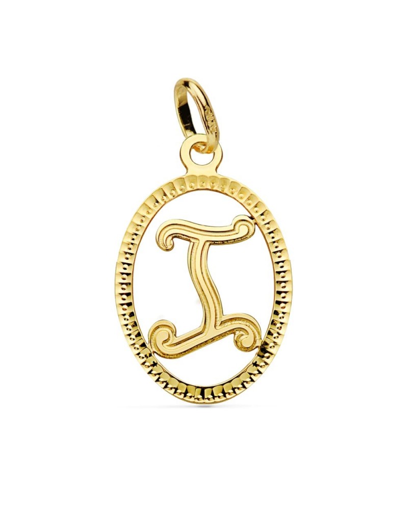 Colgante oro 18k inicial letra I con borde decorativo