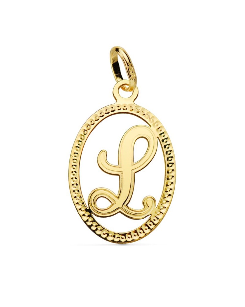 Colgante oro 18k inicial letra L con cerco perlado 21x14mm