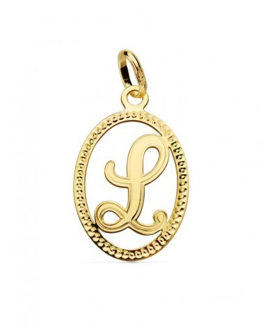 Colgante oro 18k inicial letra L con cerco perlado 21x14mm