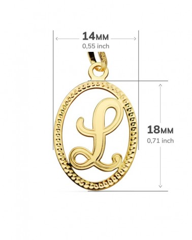 Colgante oro 18k inicial letra L con cerco perlado 21x14mm