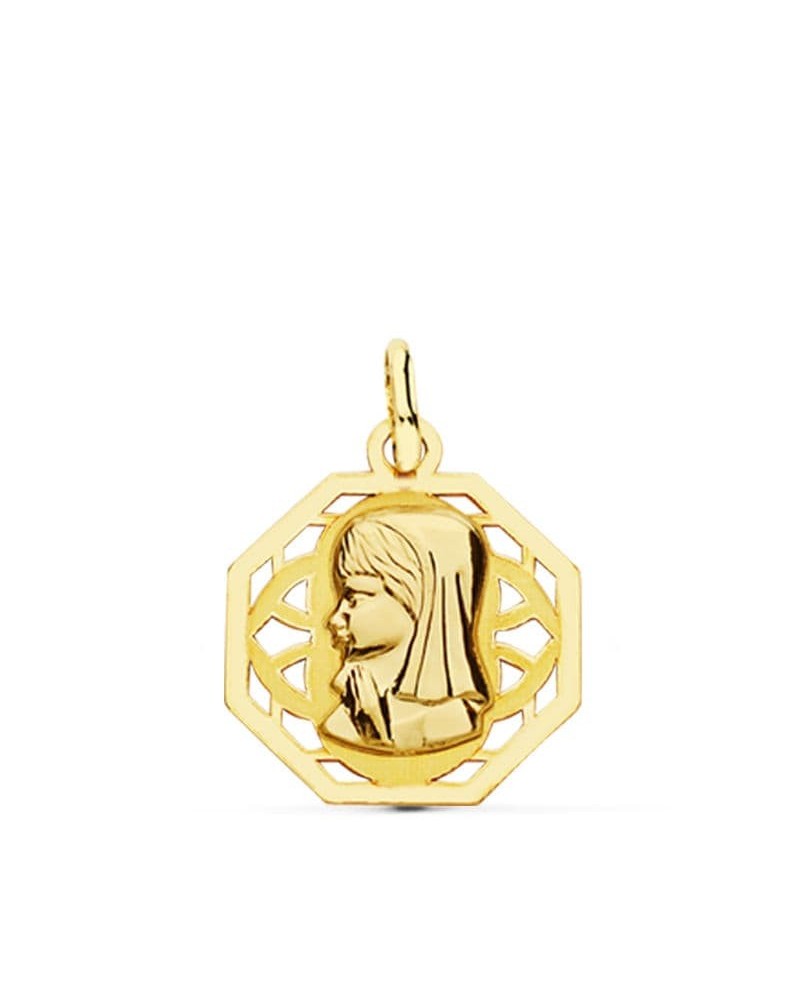 Medalla oro 18k Virgen Niña calada 17x15mm