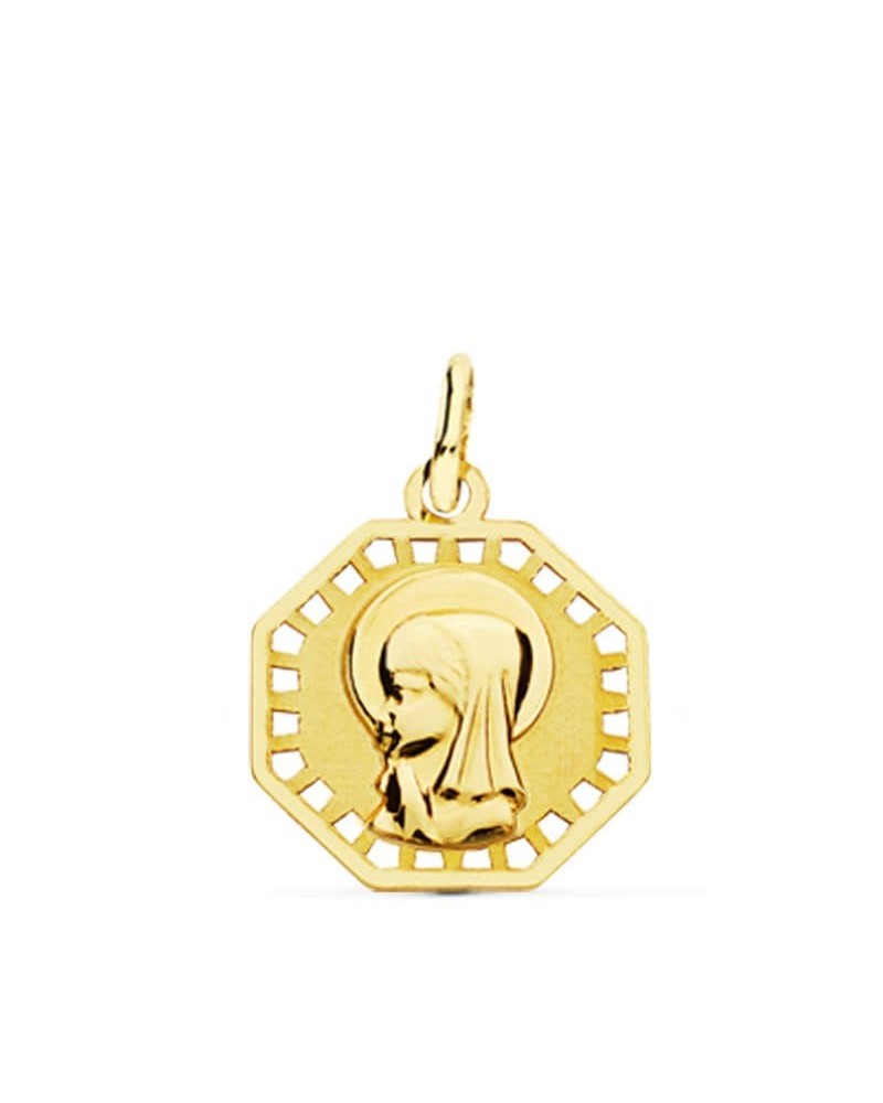 Medalla oro 18k Virgen Niña octogonal calada 16x14mm