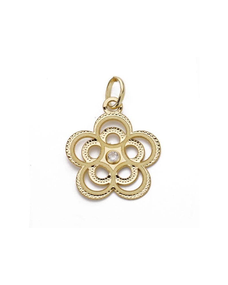 Colgante oro 18k flor calada circonita 17x15 mm