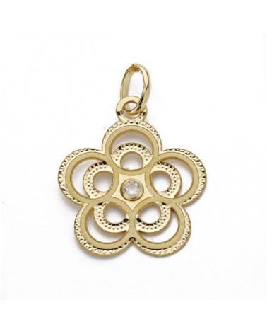 Colgante oro 18k flor calada circonita 17x15 mm