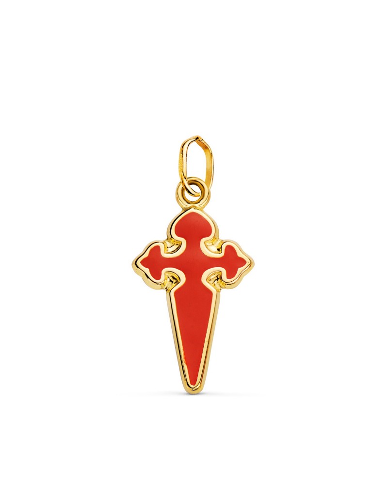 Colgante oro 18k cruz Santiago esmaltada roja 23x13 mm
