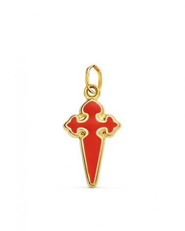Colgante oro 18k cruz Santiago esmaltada roja 23x13 mm