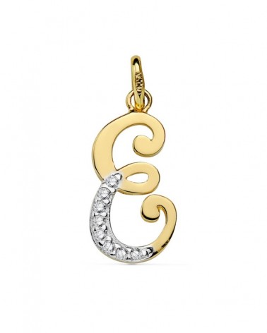 Colgante oro 18k bicolor inicial E circonita 17x8 mm