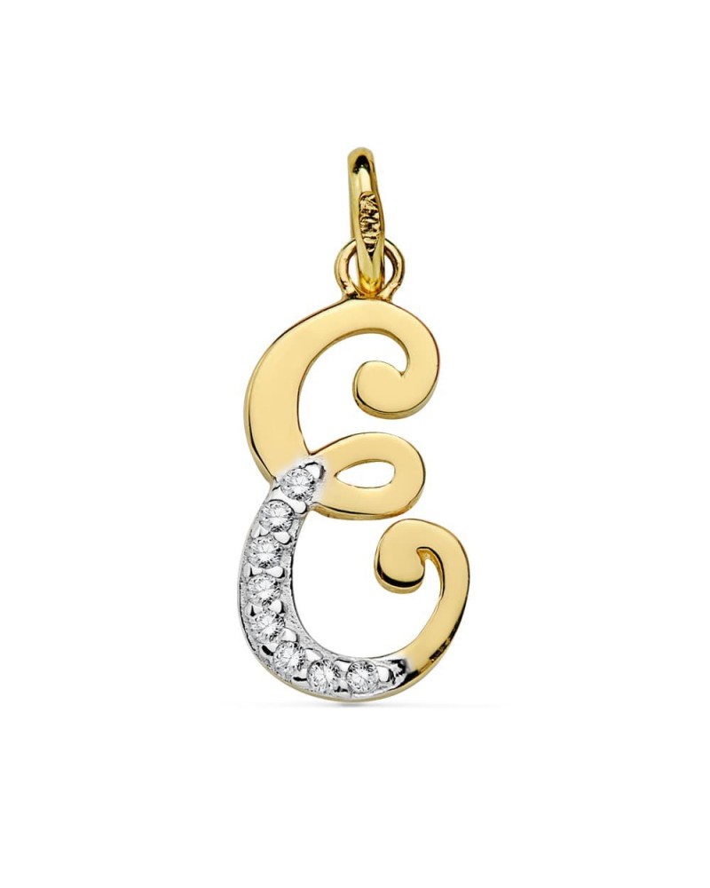 Colgante oro 18k bicolor inicial E circonita 17x8 mm