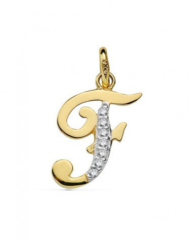 Colgante inicial F oro 18k bicolor circonita 16x12 mm