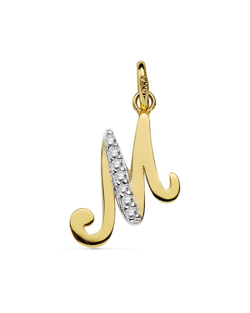 Colgante oro 18k bicolor inicial M circonita 12x13mm