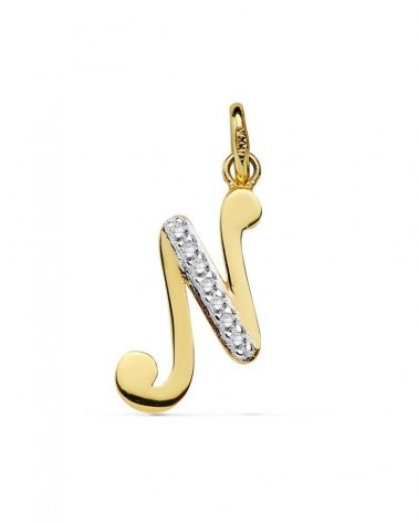 Colgante oro 18k bicolor inicial N con circonitas