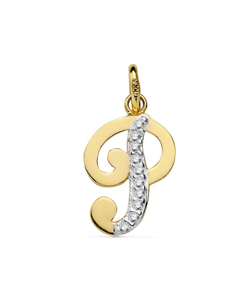 Colgante inicial P oro 18k bicolor circonita 16x10 mm