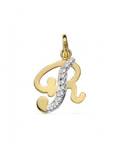 Colgante oro 18k bicolor inicial R circonita 15x11 mm