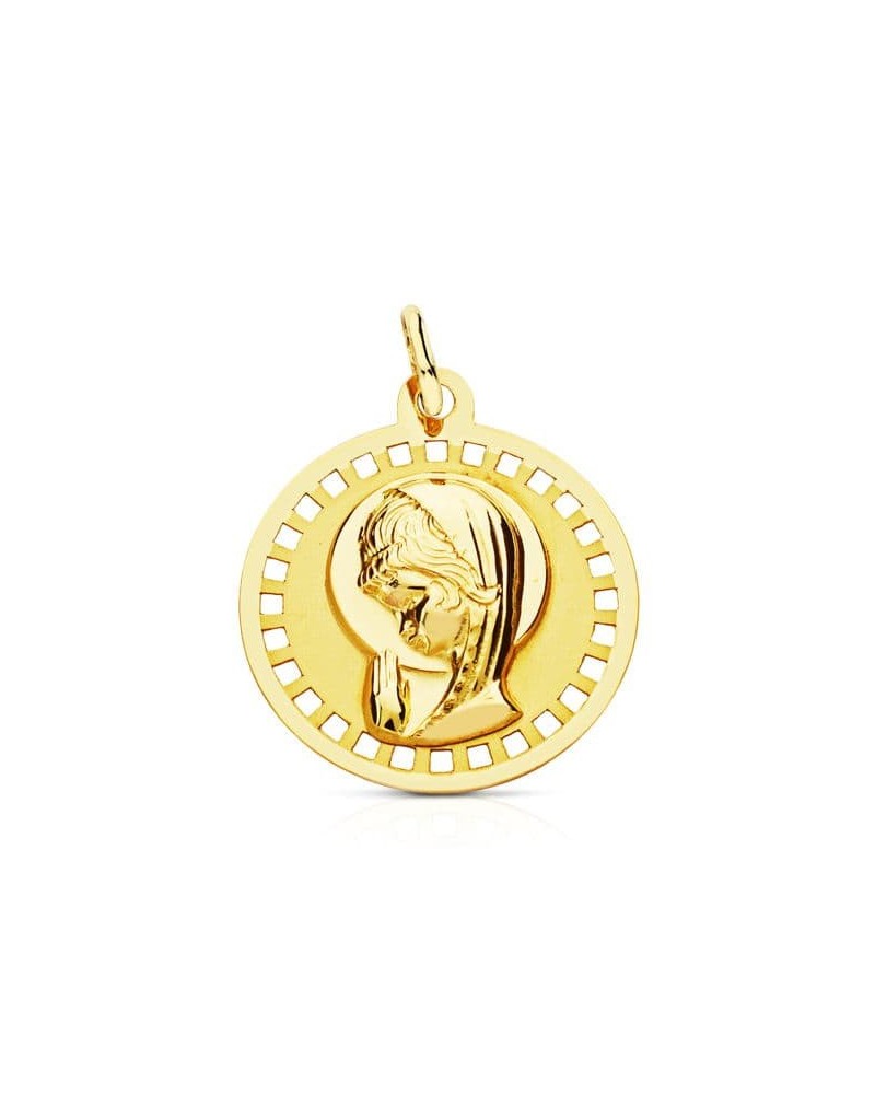 Medalla oro 18k Virgen Niña redonda calada 18mm