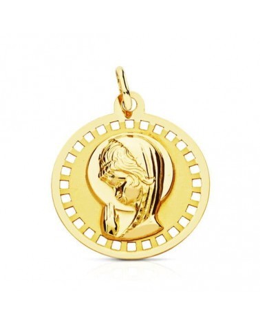Medalla oro 18k Virgen Niña redonda calada 18mm