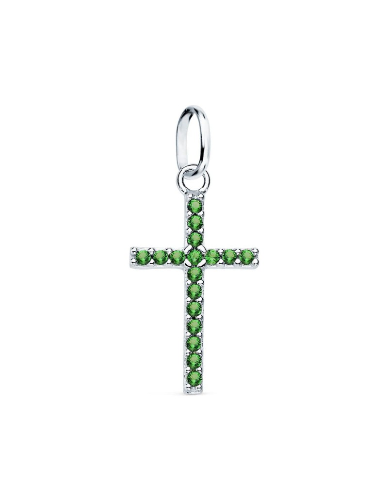 Cruz oro blanco 18k circonitas verdes 16x10 mm