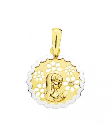 Medalla oro 18k bicolor Virgen Niña circonita 15mm