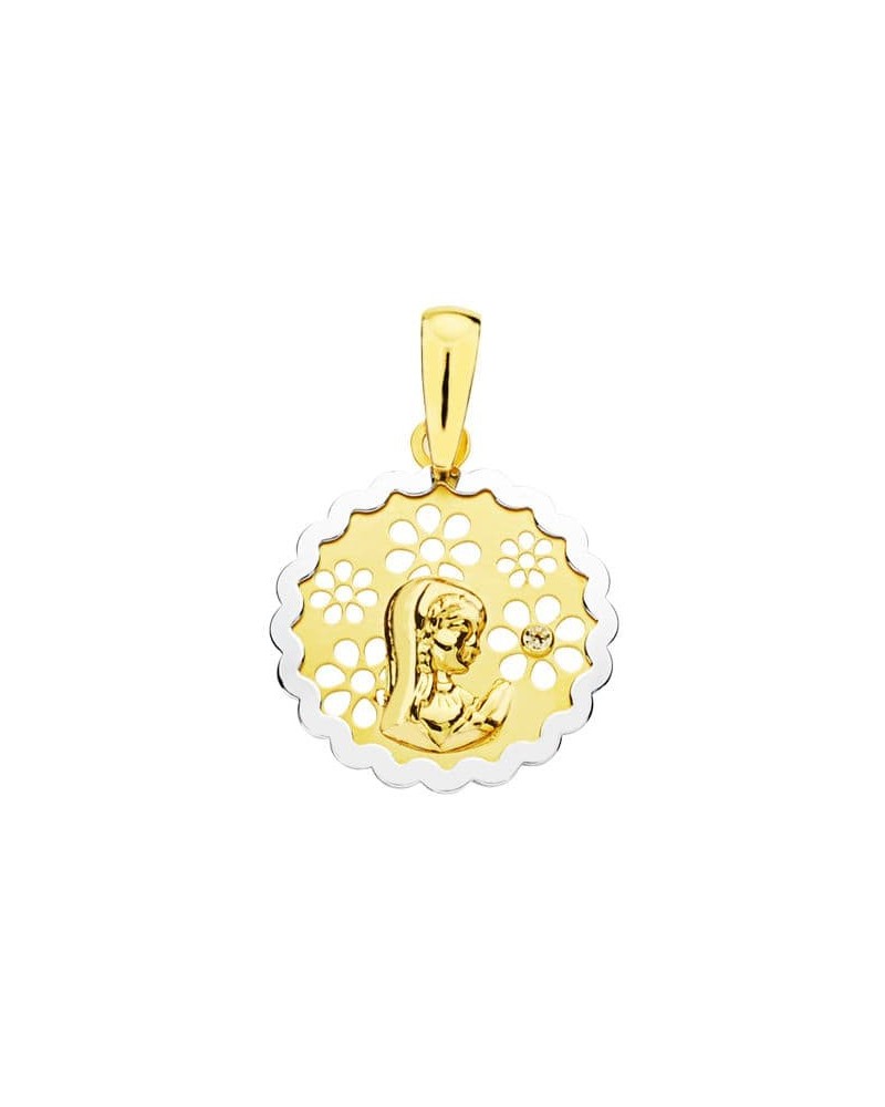 Medalla oro 18k bicolor Virgen Niña circonita 15mm