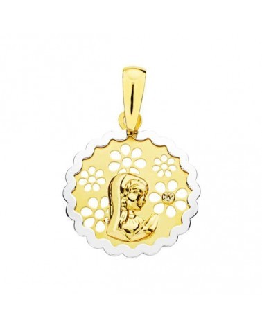 Medalla oro 18k bicolor Virgen Niña circonita 15mm