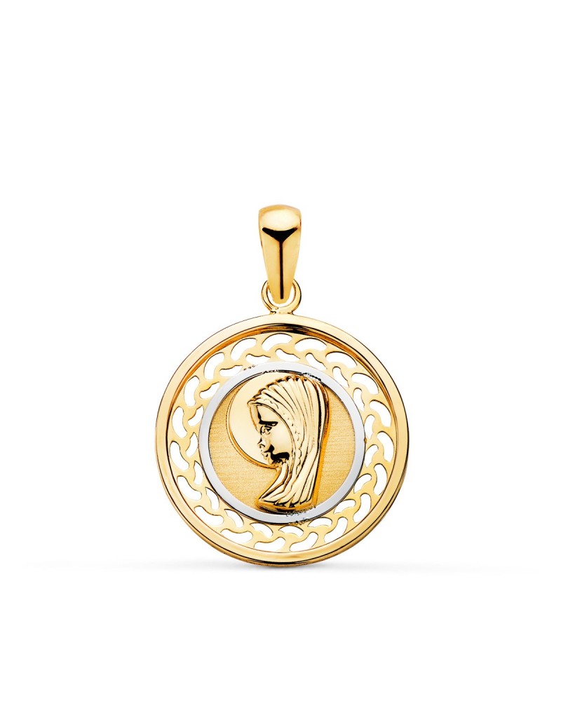 Medalla oro 18k bicolor Virgen Niña cerco calado 17mm