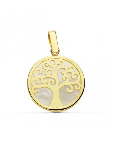 Colgante oro 18k árbol de la vida nácar 18 mm
