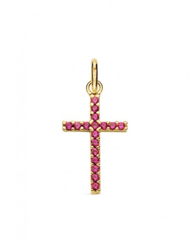 Cruz oro 18k amarillo circonitas rojas 18x10mm