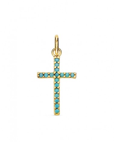 Cruz oro amarillo 18k piedras turquesas 16x10 mm