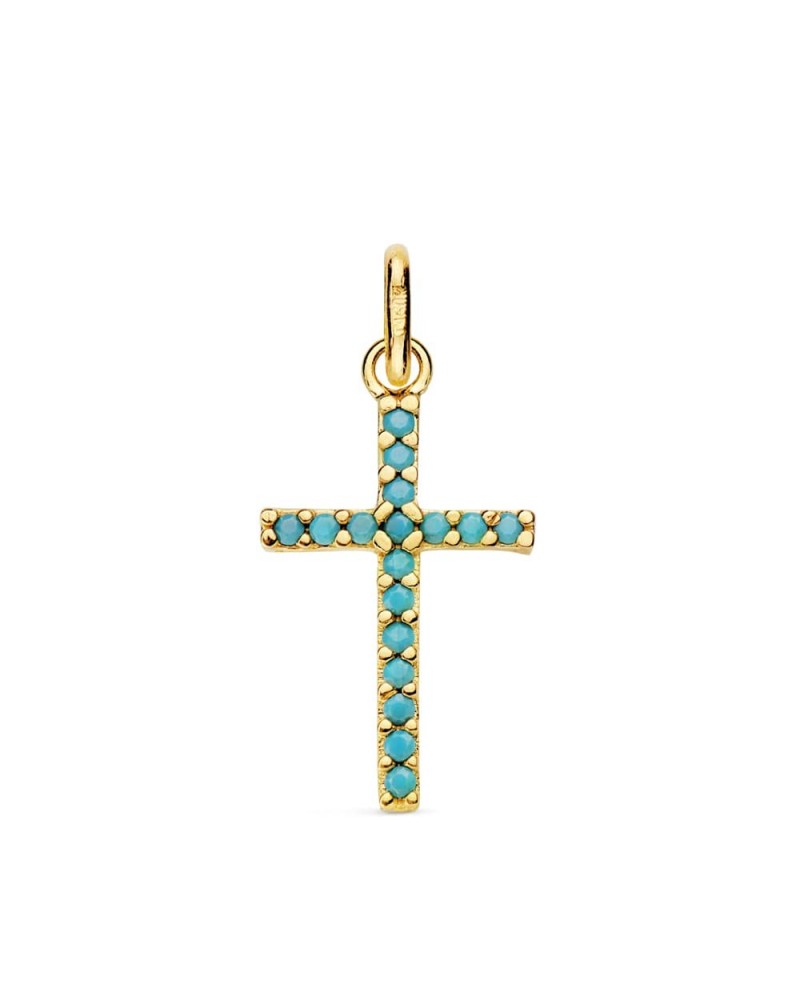 Cruz oro amarillo 18k piedras turquesas 16x10 mm
