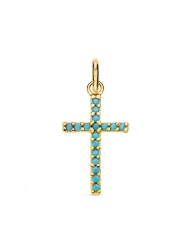 Cruz oro amarillo 18k piedras turquesas 16x10 mm