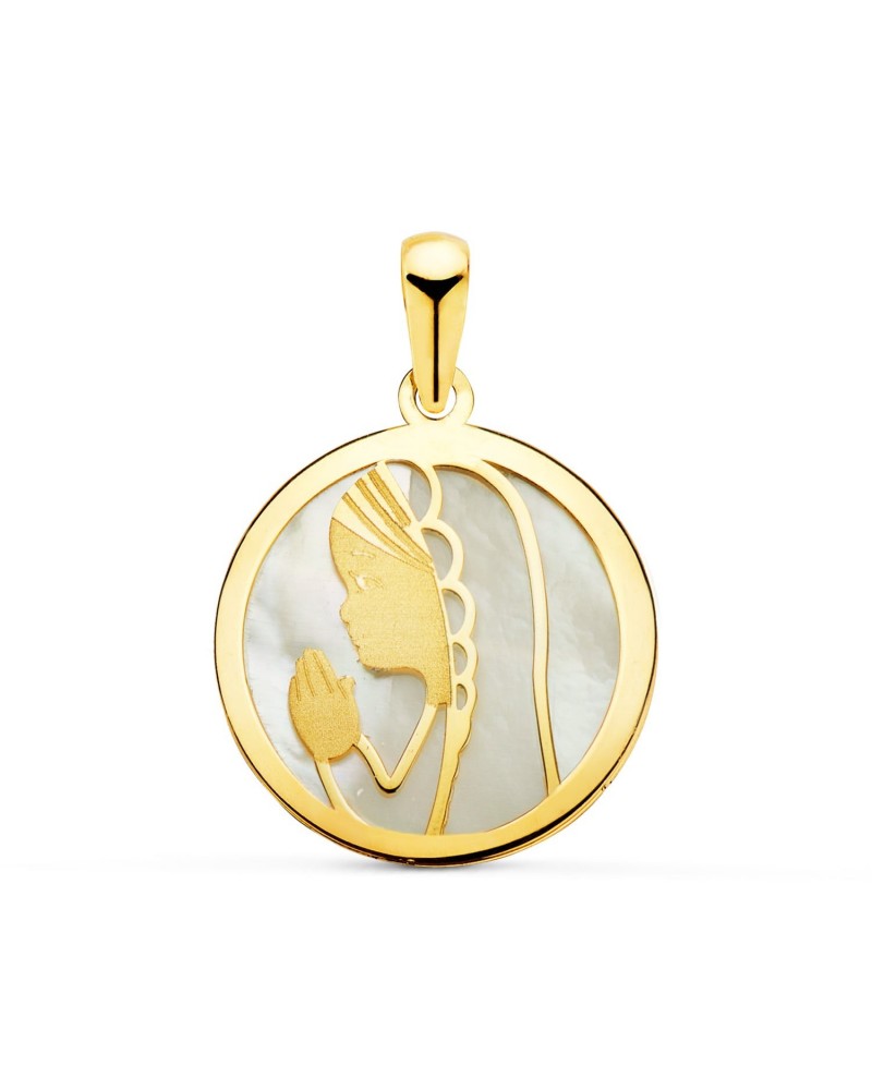 Medalla oro 18k Virgen niña nácar redonda 17mm