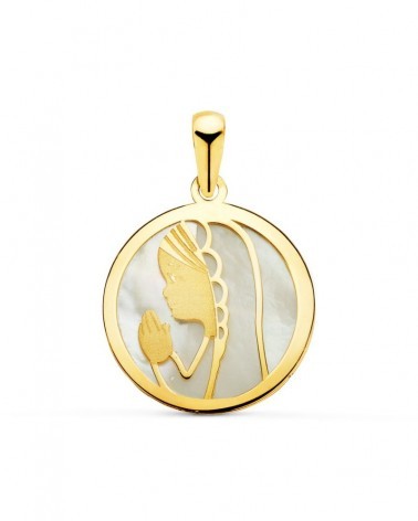 Medalla oro 18k Virgen niña nácar redonda 17mm