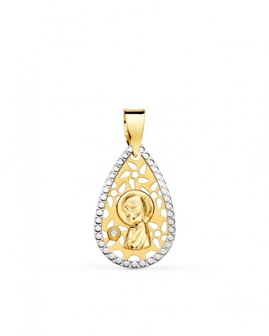 Medalla oro 18k bicolor Virgen Niña calada 19x12mm