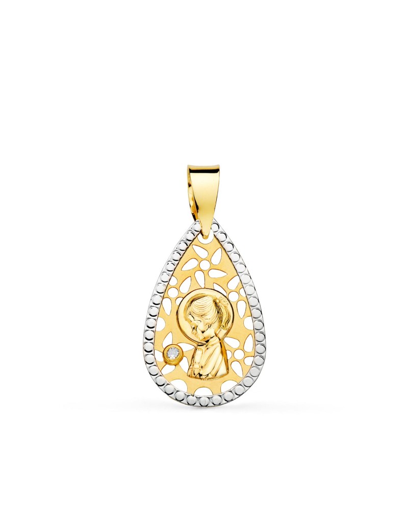 Medalla oro 18k bicolor Virgen Niña calada 19x12mm