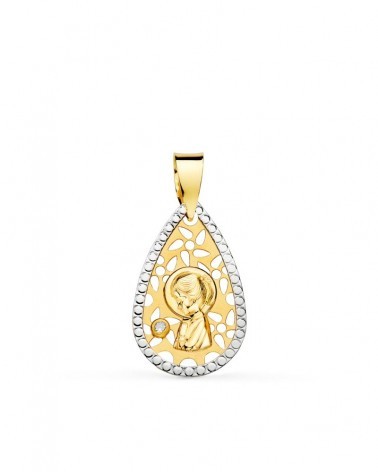 Medalla oro 18k bicolor Virgen Niña calada 19x12mm