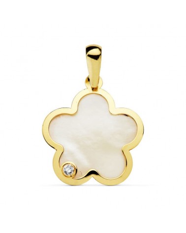 Colgante oro 18k flor nácar circonita 17x17 mm