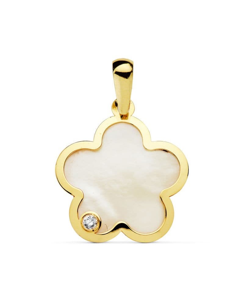 Colgante oro 18k flor nácar circonita 17x17 mm