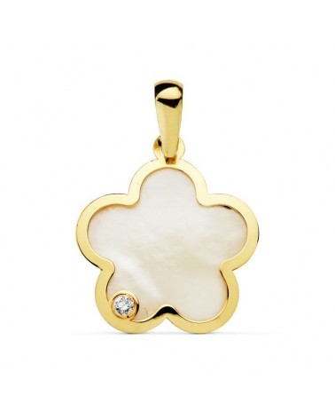 Colgante oro 18k flor nácar circonita 17x17 mm