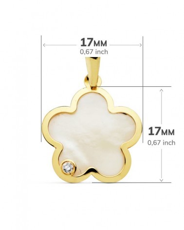 Colgante oro 18k flor nácar circonita 17x17 mm
