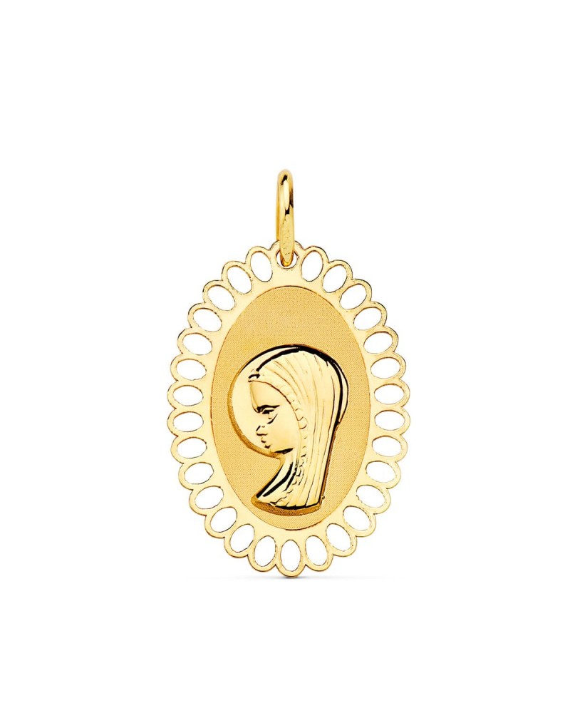 Medalla oro 18k Virgen Niña cerco calado 21x16mm