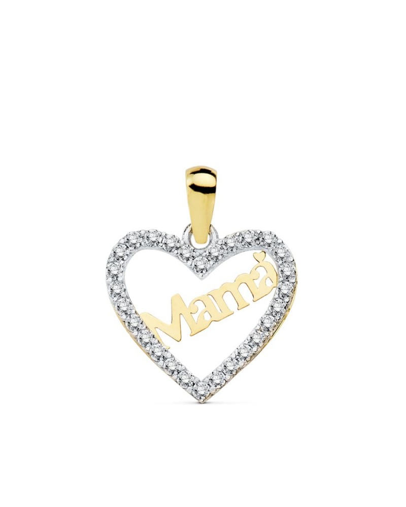 Colgante mamá oro 18k bicolor corazón circonitas 15x13 mm